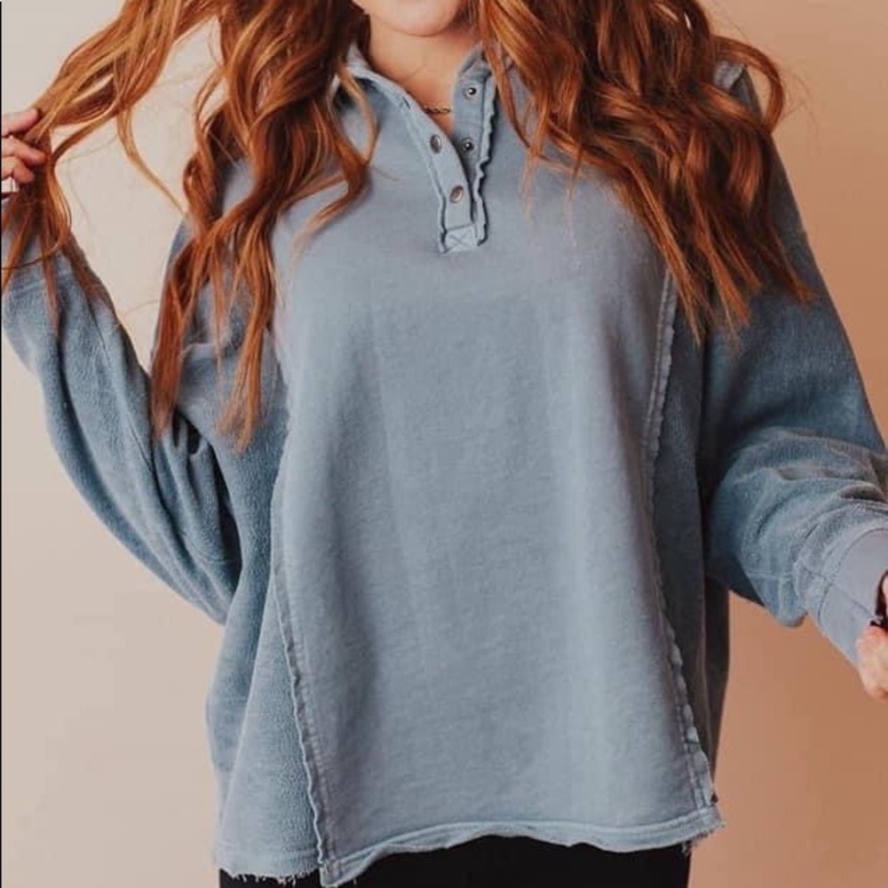 Raw edge slate blue sweatshirt